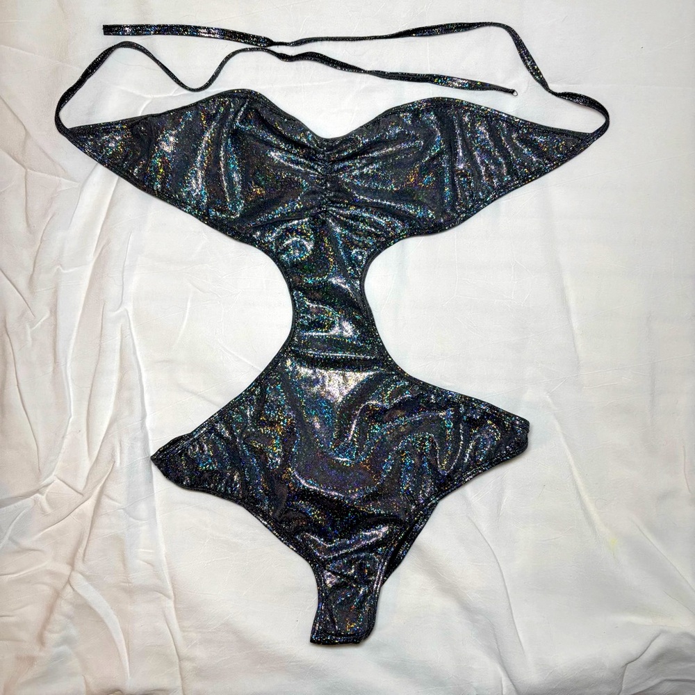 Silver Sparkle Holographic Strapless Exotic Dance Wear Rave Bodysuit S